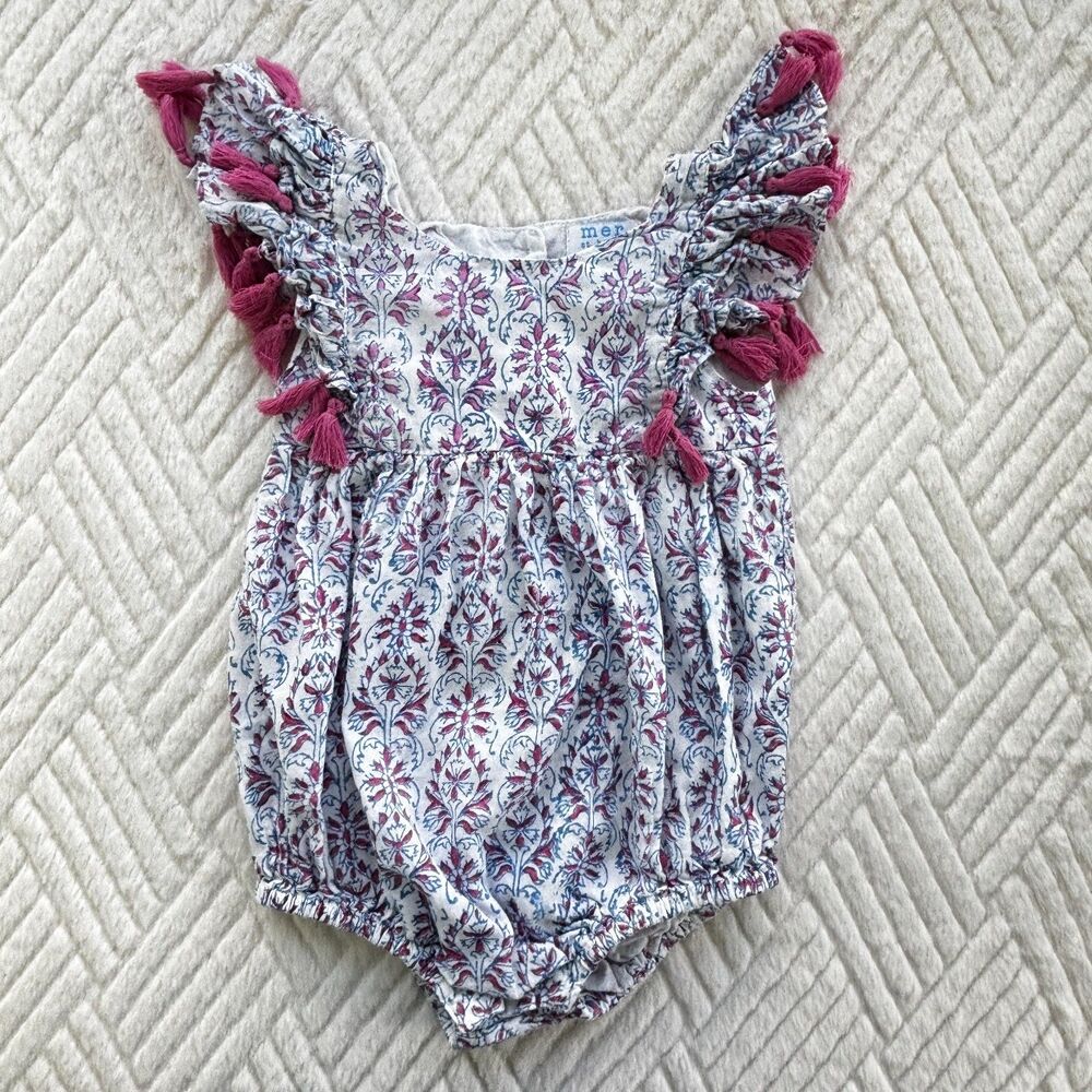Mer St Barth 18-24M Tassel Floral Romper Pink Blue Boho Cotton Baby Girl